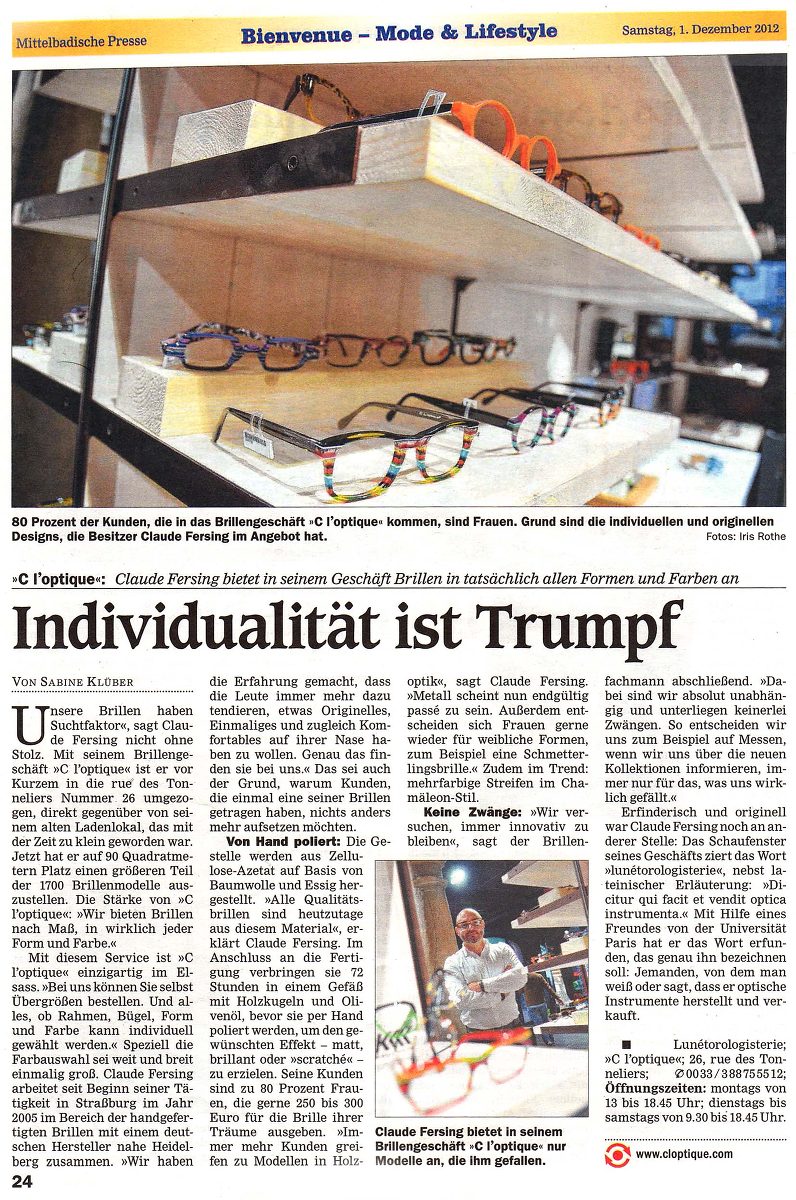 article de journal allemand C l'optique lunetorologisterie opticien indépendant strasbourg alsace bas rhin claude fersing lunetorologisterie